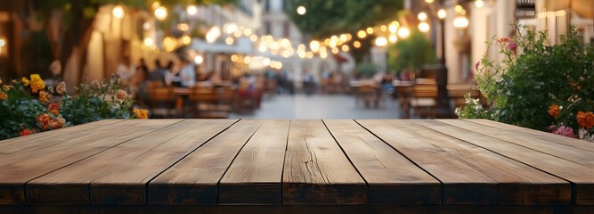 1. **Serene Table Setting:** Illustrate an empty brown wooden table under soft bokeh lights, set against a blurred backdrop of a vibrant outdoor cafe where diners are enjoying their meals. The warm