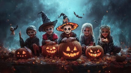 Happy children dressed Halloween costume