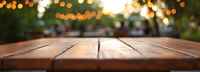 2. **Cafe Ambiance:** Capture a scene of a rustic brown wooden table in an outdoor setting, surrounded by twinkling bokeh lights. The blurred background reveals happy patrons enjoying their meals,