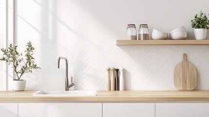 A modern kitchen with a white tile backsplash featuring a herringbone pattern, a stainless steel faucet, a wooden cutting board, and a wood countertop