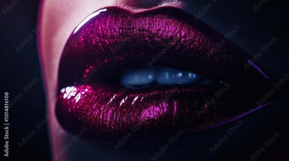 Aufkleber Glossy close-up of vibrant lips showcasing a shiny finish illuminated against a dark backdrop. Generative AI