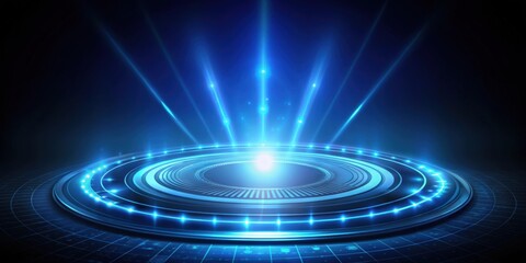 Spot light shining on holographic HUD circle with blue light from below on background, spot light, holographic, HUD