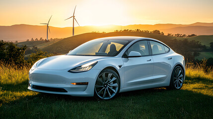 Naklejka premium Electric car driving through a green landscape with a wind farm in the background