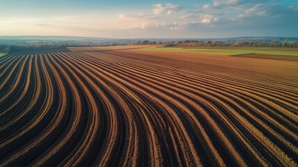 Naklejka premium Aerial view of plowed agricultural fields exhibiting beautiful patterns under a clear sky, highlighting farming and land management.