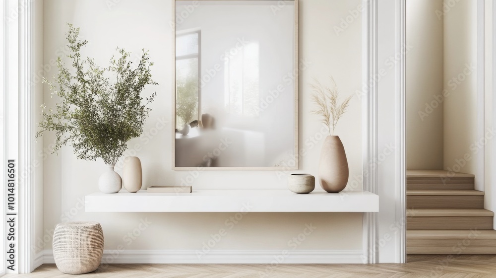 Poster a bright, modern interior features a sleek wall-mounted shelf adorned with vases and greenery. the s