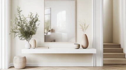 A bright, modern interior features a sleek wall-mounted shelf adorned with vases and greenery. The soft color palette and natural light create a serene atmosphere perfect for relaxation.