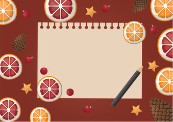 Festive Holiday Notepad with Citrus and Pinecones.  perfect for seasonal notes or greetings. Christmas wishlist illustration. Copy space for text 