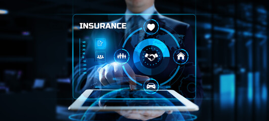 Insurance Insurtech. Businessman pressing button on screen.
