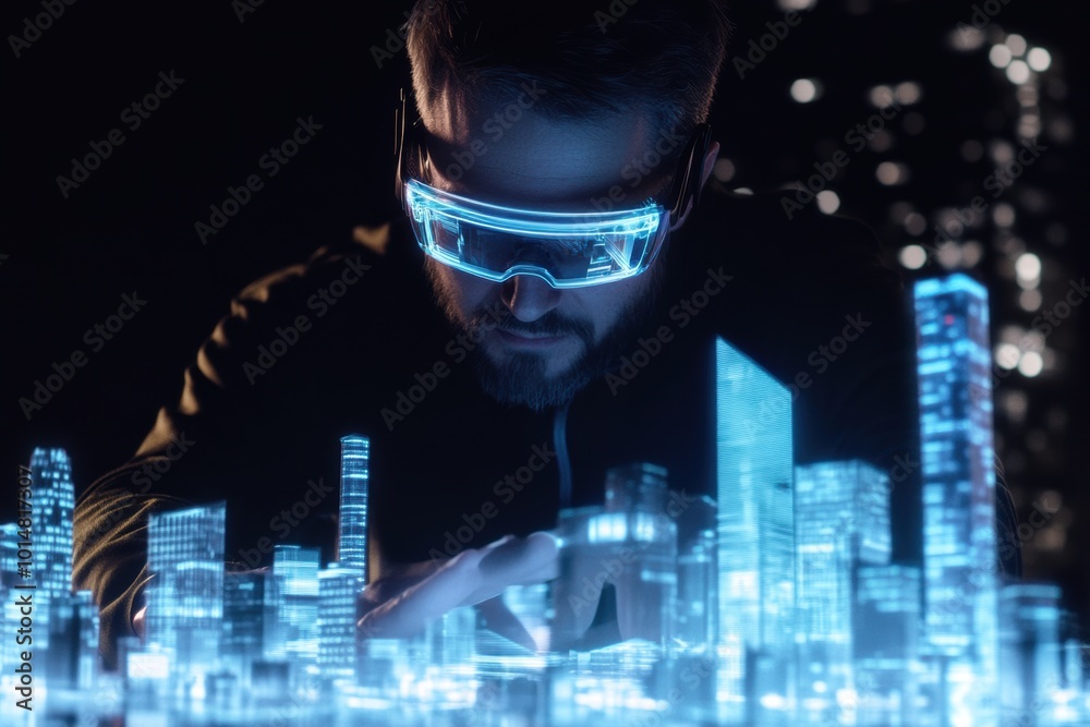 Aufkleber Augmented reality architect designs glowing virtual buildings in a futuristic cityscape during nighttime. Generative AI