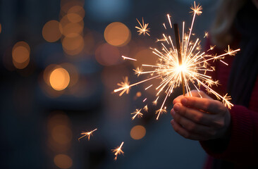 Hand holding sparkler. Sparkler in the night sky.