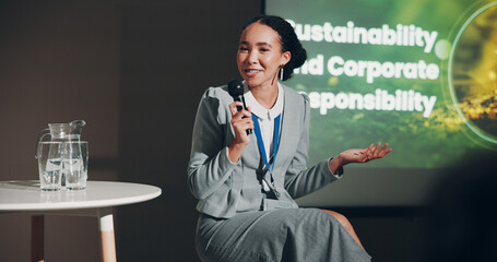Woman, stage and smile at conference for sustainable ideas and responsible corporate decisions as...