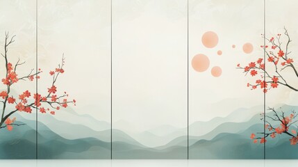 Abstract Watercolor Painting of Cherry Blossoms and Mountains with Pastel Colors