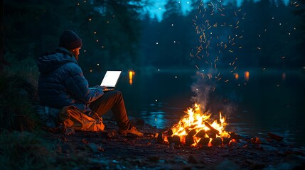 Traveler Relaxing by Campfire with Laptop at Dusk