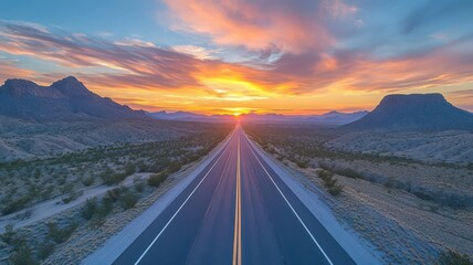 A highway stretching through an expansive desert landscape, with distant mountains and a vibrant sunset, captured to highlight the beauty of nature alongside the open road
