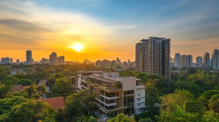 Obraz premium Sunset Over Cityscape with Modern Architecture