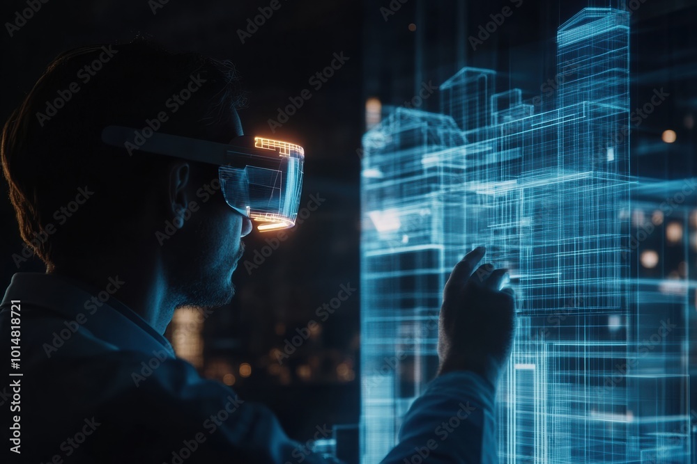 Leinwandbilder An augmented reality architect designs virtual buildings in a futuristic cityscape using AR glasses in a high-tech urban environment. Generative AI