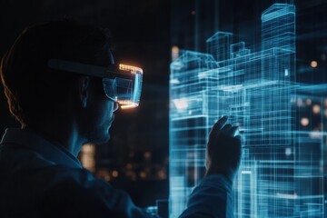 An augmented reality architect designs virtual buildings in a futuristic cityscape using AR glasses in a high-tech urban environment. Generative AI