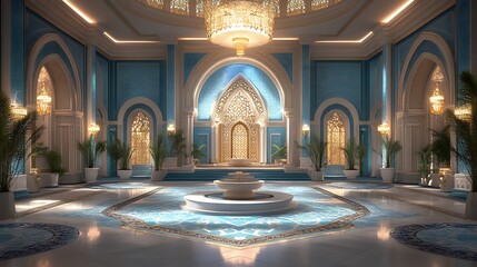 Obraz premium Islamic mosque interior with ornate chandeliers, prayer rugs, and intricate designs