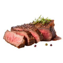 Juicy Sliced Steak with Garnish and Colorful Peppercorns.