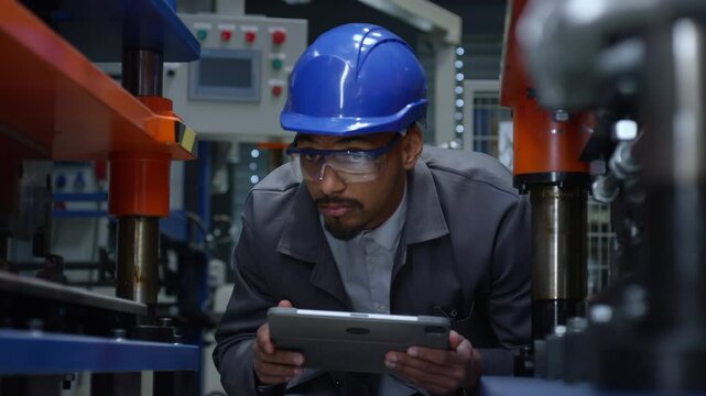 African American engineer with a blue helmet holding a tablet while checking and controlling working machine parts and tools, close up shot.