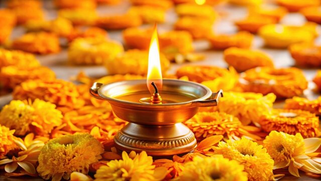 Closeup of a traditional brass oil lamp deepam lit with ghee, surrounded by marigold petals, brass, oil lamp, deepam