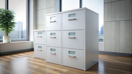 A white file cabinet with multiple drawers in an office setting, file storage, organization