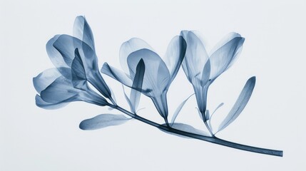 A blue, black and white photograph of an X-ray animation of tiny freesia with long leaf