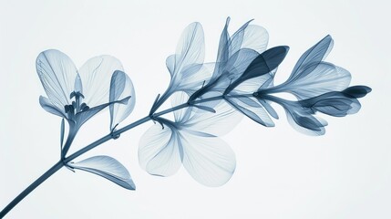 A blue, black and white photograph of an X-ray animation of tiny freesia with long leaf