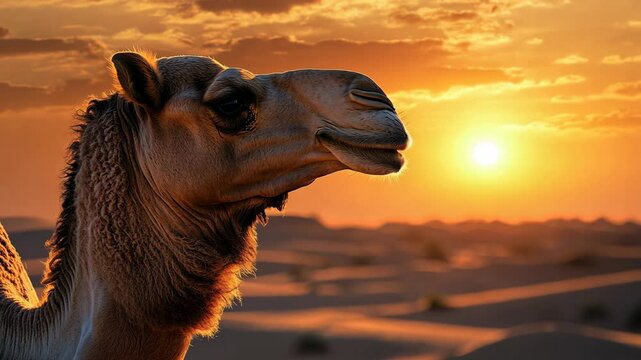 A camel stands in the desert at sunset, looking towards the horizon