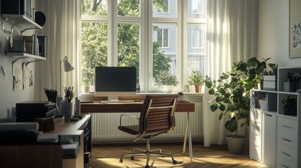 Cozy Home Office with Natural Light and Greenery