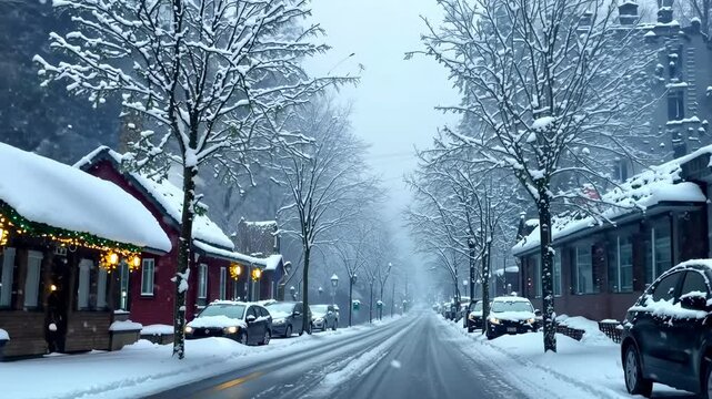 A quiet, snow-covered street lined with parked cars and houses, with trees and rooftops blanketed in fresh snow during winter.
