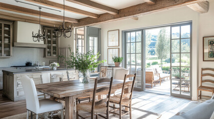 Embrace Rustic Elegance: A Stunning Open-Concept Kitchen and Dining Area with Breathtaking Views of Nature