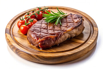 Steak on wooden plate,isolated on white background