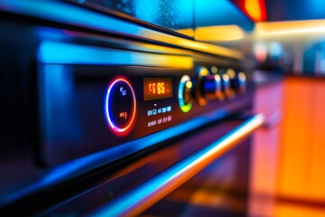 A close-up shot of a modern oven control panel featuring a digital display, temperature dial and knobs.