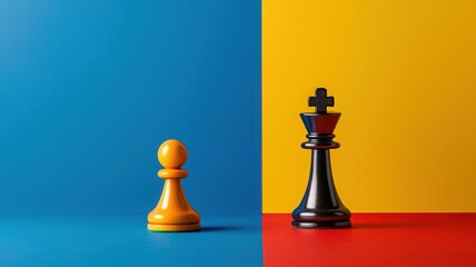 A colorful chessboard scene featuring a yellow pawn and a black king, highlighting the contrast between the two pieces.