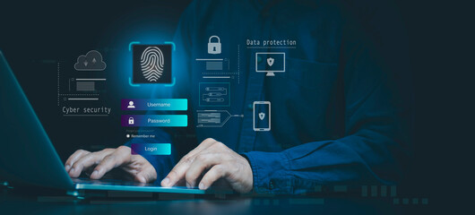 Cyber security Data protection concept. Finger scanning allows access to identification of big Data businesses technology Cybernetics on the Internet, fingerprint authorization access, E-kyc