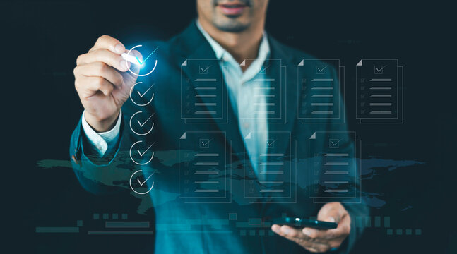 Business performance monitoring concept, Online survey filling out, digital form checklist, analysis strategy, big data on virtual touch screen, futuristic technology solution for development.