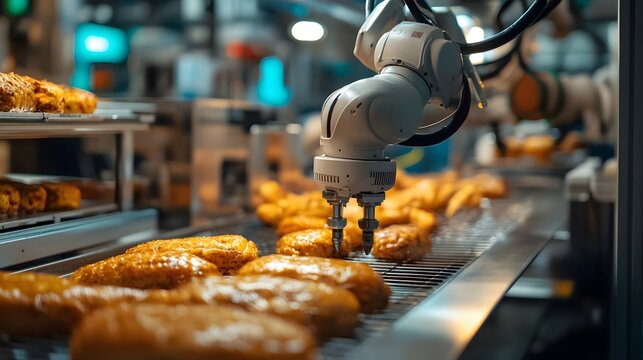 Close-up of AI-driven robotic arms delicately handling fresh produce on a futuristic assembly line, inspecting each item for quality control with advanced sensors