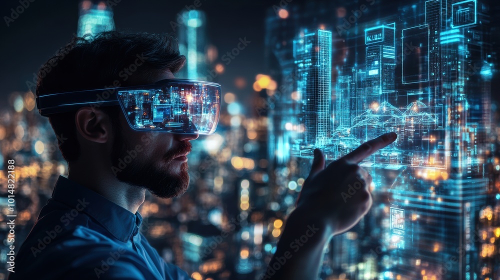 Leinwandbilder an augmented reality architect designs glowing structures in a futuristic cityscape during nighttime