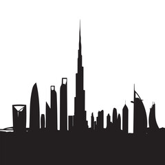 Obraz premium Dubai skyline silhouette with iconic buildings and landmarks in monochrome.