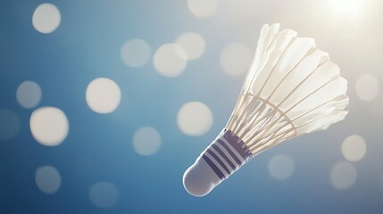 A badminton shuttlecock in flight against a blue background.