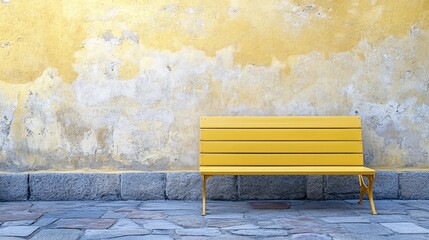 Minimalistic scene with a yellow bench against a wall and stone floor