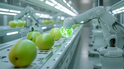 Robotic arms scanning fruits with holographic projections of chemical compositions, set in a minimalistic, white and neon-green futuristic lab, sharp, 3D render with glowing elements