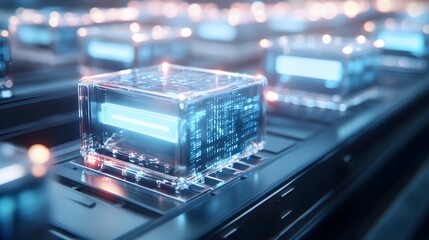 Obraz premium Fleet of drones flying above transparent food packaging on an illuminated assembly line, real-time data overlays, Futuristic, isometric, cybernetic, neon blue and white lighting