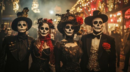 Spooky costumes of party people.