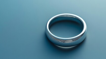 A silver wedding band on a blue background.