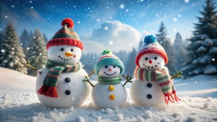 Obraz premium Snowman family playing in winter snow , snowman, family, winter, snow, fun, happiness, playing, cold, seasonal, holiday, Christmas
