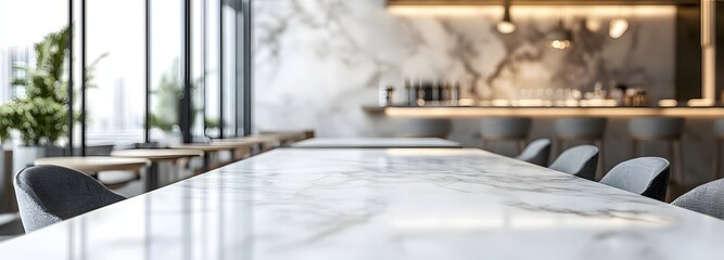2. **Chic Minimalism:** Illustrate a clean white marble tabletop in a stylish cafe or restaurant interior, with an abstract blurred background of muted colors and textures. This minimalist setting