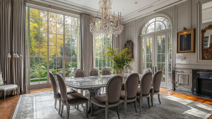 Obraz premium Elegant Dining Room with Large Windows and Luxurious Decor: A Perfect Setting for Memorable Gatherings