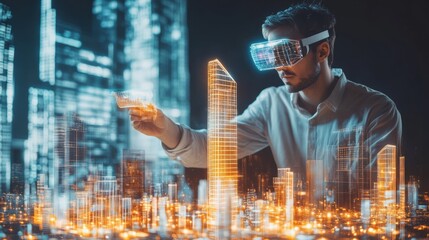An augmented reality architect creates glowing buildings in a futuristic cityscape using AR glasses for virtual design. Generative AI